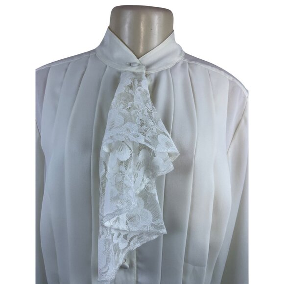 Vintage Laura & Jayne Collection White Pleated Blouse With Lace Tie Neck Sz 12 - Picture 5 of 7